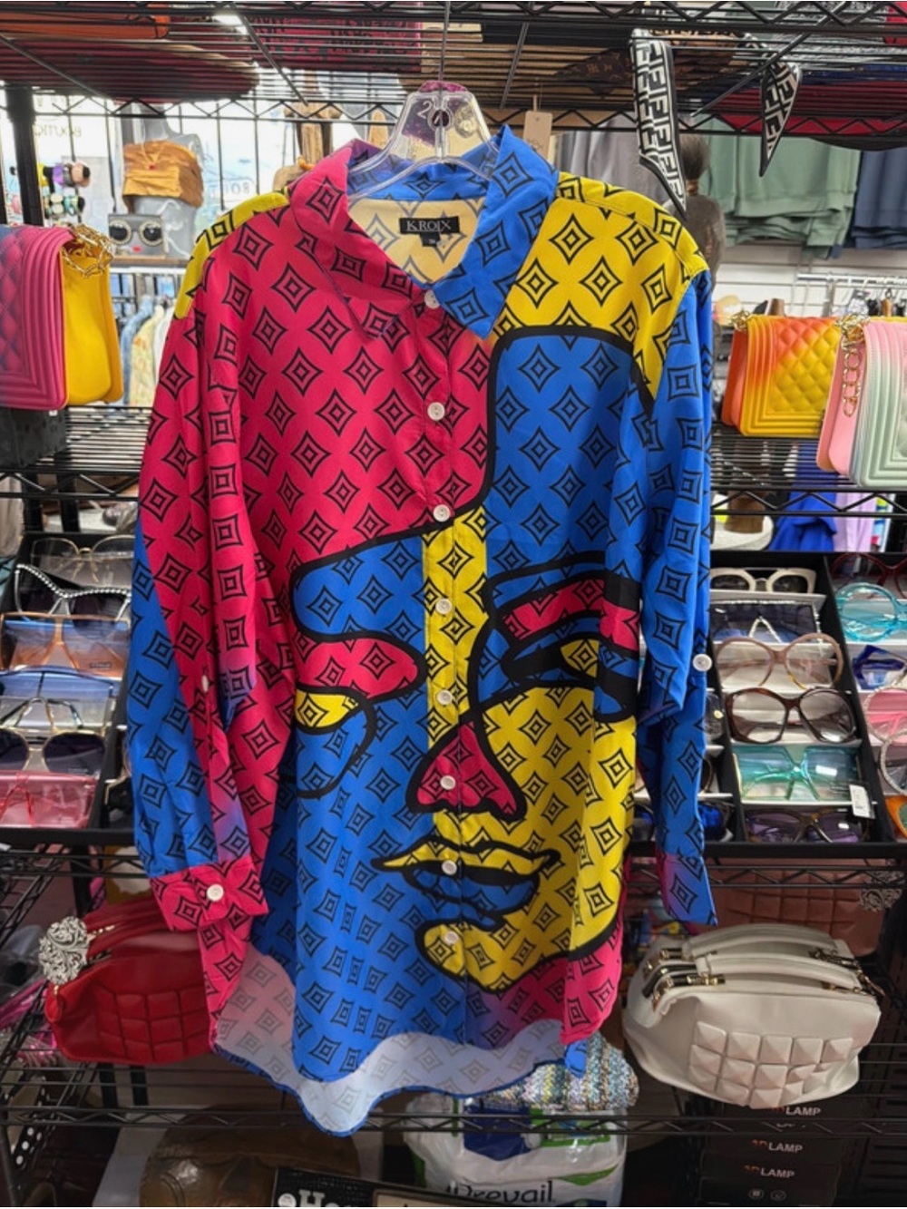 Bold Geometric Face Print Button-Up Shirt in Pink, Blue & Yellow